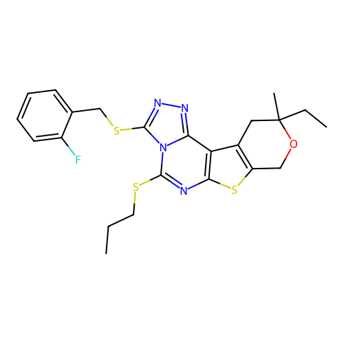10-ethyl-3-((2-fluorobenzyl)thio)-10-methyl-5-(propylthio)-10,11-dihydro-8H-pyrano[4',3':4,5]thieno[3,2-e][1,2,4]triazolo[4,3-c]pyrimidine structure