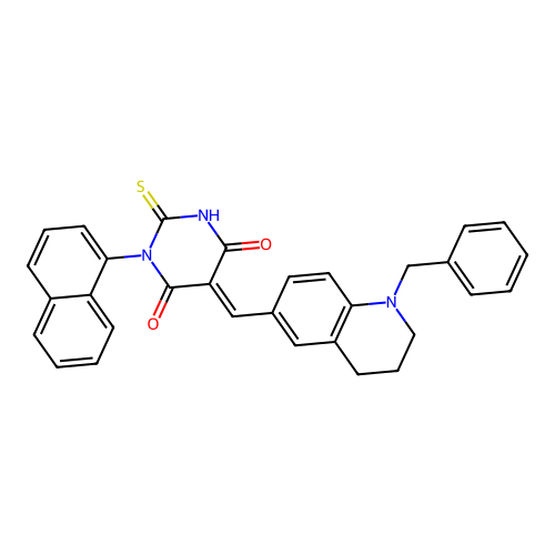 (5E)-5-[(1-benzyl-1,2,3,4-tetrahydroquinolin-6-yl)methylidene]-1-(naphthalen-1-yl)-2-sulfanylpyrimidine-4,6(1H,5H)-dione structure