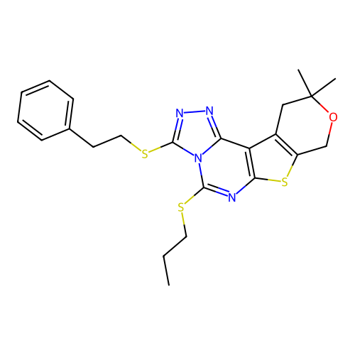 10,10-DIMETHYL-3-(PHENETHYLSULFANYL)-10,11-DIHYDRO-8H-PYRANO[4',3':4,5]THIENO[3,2-E][1,2,4]TRIAZOLO[4,3-C]PYRIMIDIN-5-YL PROPYL SULFIDE structure