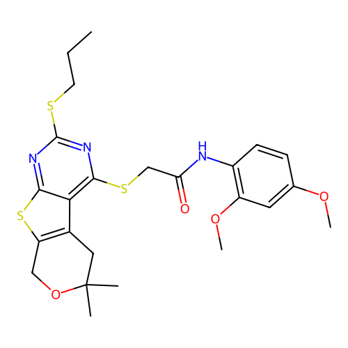 N-(2,4-dimethoxyphenyl)-2-((6,6-dimethyl-2-(propylthio)-6,8-dihydro-5H-pyrano[4',3':4,5]thieno[2,3-d]pyrimidin-4-yl)thio)acetamide structure