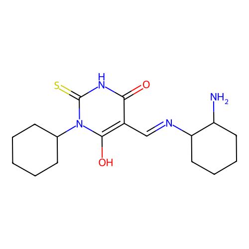 (E)-5-(((2-aminocyclohexyl)amino)methylene)-1-cyclohexyl-2-thioxodihydropyrimidine-4,6(1H,5H)-dione structure