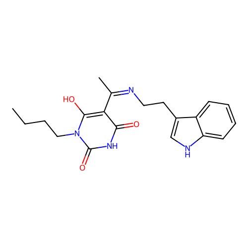 1-butyl-5-[1-[2-(1H-indol-3-yl)ethylamino]ethylidene]-1,3-diazinane-2,4,6-trione structure