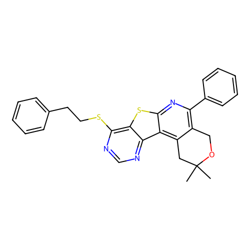 2,2-DIMETHYL-5-PHENYL-1,4-DIHYDRO-2H-PYRANO[4'',3'':4',5']PYRIDO[3',2':4,5]THIENO[3,2-D]PYRIMIDIN-8-YL PHENETHYL SULFIDE structure