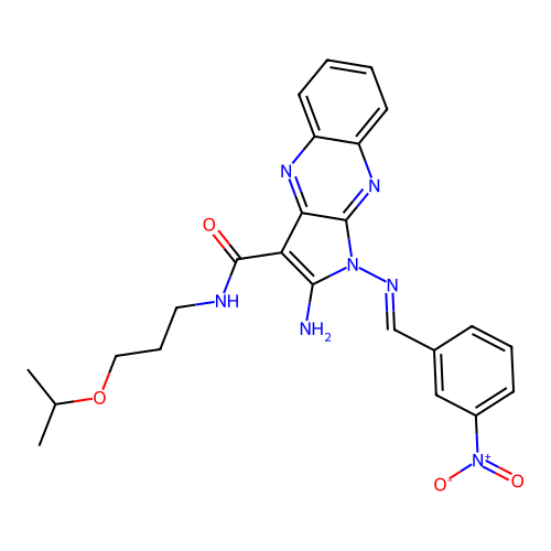 (E)-2-amino-N-(3-isopropoxypropyl)-1-((3-nitrobenzylidene)amino)-1H-pyrrolo[2,3-b]quinoxaline-3-carboxamide structure