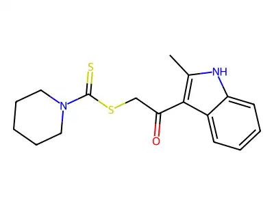 2-(2-methyl-1H-indol-3-yl)-2-oxoethyl piperidine-1-carbodithioate structure