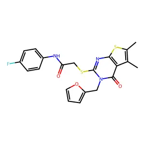 N-(4-fluorophenyl)-2-[3-(2-furylmethyl)-5,6-dimethyl-4-oxo(3-hydrothiopheno[2, 3-d]pyrimidin-2-ylthio)]acetamide structure