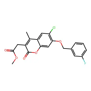 methyl {6-chloro-7-[(3-fluorobenzyl)oxy]-4-methyl-2-oxo-2H-chromen-3-yl}acetate structure