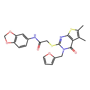 N-(1,3-benzodioxol-5-yl)-2-{[3-(furan-2-ylmethyl)-5,6-dimethyl-4-oxo-3,4-dihydrothieno[2,3-d]pyrimidin-2-yl]sulfanyl}acetamide structure