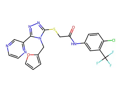 N-[4-chloro-3-(trifluoromethyl)phenyl]-2-{[4-(furan-2-ylmethyl)-5-(pyrazin-2-yl)-4H-1,2,4-triazol-3-yl]sulfanyl}acetamide structure