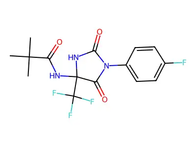 N-[1-(4-fluorophenyl)-2,5-dioxo-4-(trifluoromethyl)imidazolidin-4-yl]-2,2-dimethylpropanamide structure