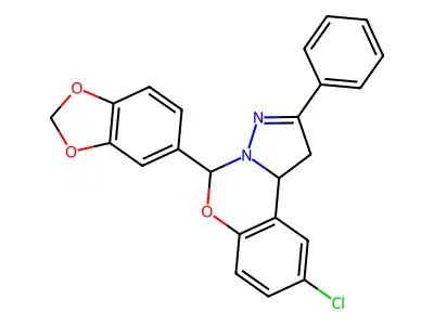 5-(1,3-benzodioxol-5-yl)-9-chloro-2-phenyl-5,10b-dihydro-1H-pyrazolo[1,5-c][1,3]benzoxazine structure