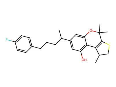 2H-Thieno(2,3-c)(1)benzopyran-9-ol, 1,4-dihydro-7-(4-(p-fluorophenyl)-1-methylbutyl)-1,4,4-trimethyl- structure