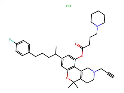 1-Piperidinebutyric acid, 1,3,4,5-tetrahydro-5,5-dimethyl-8-(4-(p-fluorophenyl)-1-methylbutyl)-2-(2-propynyl)-2H-(1)benzopyrano(4,3-c)pyridin-10-yl ester, monohydrochloride structure
