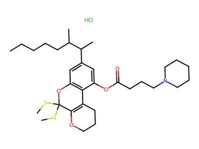 1-Piperidinebutanoic acid, 8-(1,2-dimethylheptyl)-1,2,3,5-tetrahydro-5,5-dimethylthiopyrano(2,3-c)(1)benzopyran-10-yl ester, hydrochloride structure