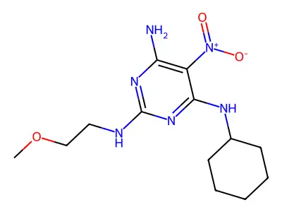 4-N-cyclohexyl-2-N-(2-methoxyethyl)-5-nitropyrimidine-2,4,6-triamine structure