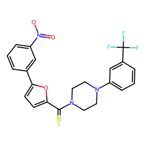 (5-(3-nitrophenyl)furan-2-yl)(4-(3-(trifluoromethyl)phenyl)piperazin-1-yl)methanethione structure