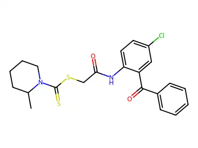 2-{[4-chloro-2-(phenylcarbonyl)phenyl]amino}-2-oxoethyl 2-methylpiperidine-1-carbodithioate structure