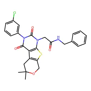 N-benzyl-2-(3-(3-chlorophenyl)-6,6-dimethyl-2,4-dioxo-2,3,4,5,6,8-hexahydro-1H-pyrano[4',3':4,5]thieno[2,3-d]pyrimidin-1-yl)acetamide structure