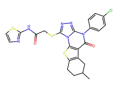 2-((4-(4-chlorophenyl)-7-methyl-5-oxo-4,5,6,7,8,9-hexahydrobenzo[4,5]thieno[3,2-e][1,2,4]triazolo[4,3-a]pyrimidin-1-yl)thio)-N-(thiazol-2-yl)acetamide structure