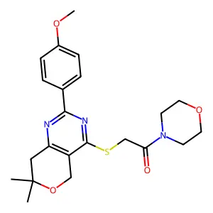 2-[[2-(4-methoxyphenyl)-7,7-dimethyl-5,8-dihydropyrano[4,3-d]pyrimidin-4-yl]sulfanyl]-1-morpholin-4-ylethanone structure
