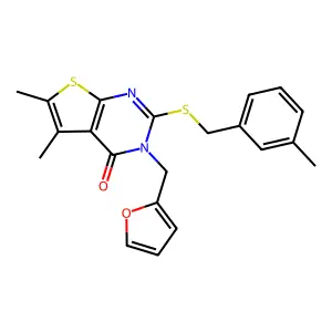 3-(2-furanylmethyl)-5,6-dimethyl-2-[(3-methylphenyl)methylthio]-4-thieno[2,3-d]pyrimidinone structure