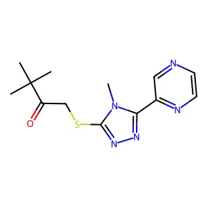 3,3-dimethyl-1-{[4-methyl-5-(pyrazin-2-yl)-4H-1,2,4-triazol-3-yl]sulfanyl}butan-2-one structure