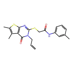2-(5,6-dimethyl-4-oxo-3-prop-2-enyl(3-hydrothiopheno[2,3-d]pyrimidin-2-ylthio))-N-(3-methylphenyl)acetamide structure
