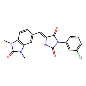 (5E)-3-(3-chlorophenyl)-5-[(1,3-dimethyl-2-oxo-2,3-dihydro-1H-benzimidazol-5-yl)methylidene]imidazolidine-2,4-dione structure