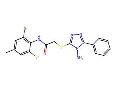 2-(4-amino-5-phenyl(1,2,4-triazol-3-ylthio))-N-(2,6-dibromo-4-methylphenyl)ace tamide structure