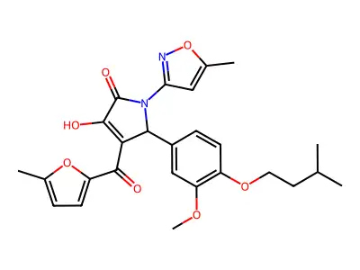 (4E)-4-[hydroxy(5-methylfuran-2-yl)methylidene]-5-[3-methoxy-4-(3-methylbutoxy)phenyl]-1-(5-methyl-1,2-oxazol-3-yl)pyrrolidine-2,3-dione structure