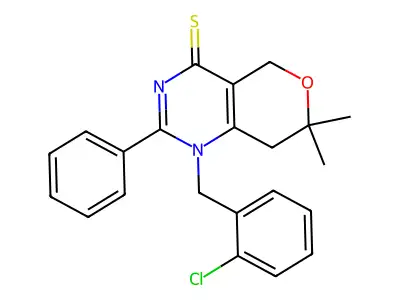 1-[(2-chlorophenyl)methyl]-7,7-dimethyl-2-phenyl-5,8-dihydropyrano[4,3-d]pyrimidine-4-thione structure