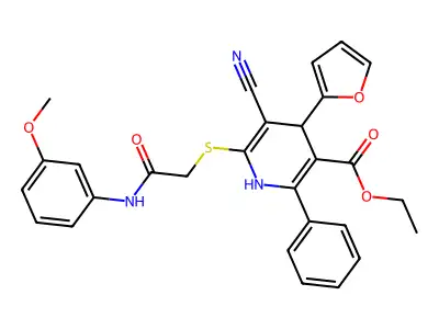 ethyl 5-cyano-4-(furan-2-yl)-6-((2-((3-methoxyphenyl)amino)-2-oxoethyl)thio)-2-phenyl-1,4-dihydropyridine-3-carboxylate structure
