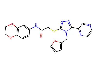 N-(2,3-dihydro-1,4-benzodioxin-6-yl)-2-{[4-(furan-2-ylmethyl)-5-(pyrazin-2-yl)-4H-1,2,4-triazol-3-yl]sulfanyl}acetamide structure