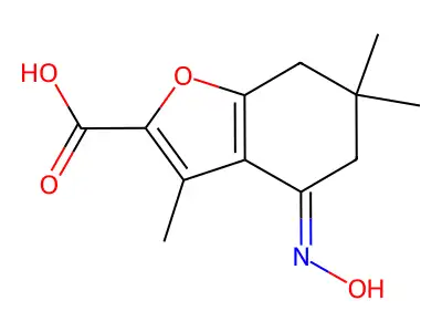 (4Z)-4-(hydroxyimino)-3,6,6-trimethyl-4,5,6,7-tetrahydro-1-benzofuran-2-carboxylic acid structure