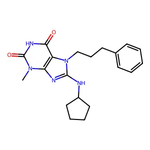 8-(cyclopentylamino)-3-methyl-7-(3-phenylpropyl)-1H-purine-2,6(3H,7H)-dione structure