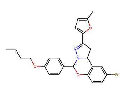 9-bromo-5-(4-butoxyphenyl)-2-(5-methylfuran-2-yl)-1,10b-dihydropyrazolo[1,5-c][1,3]benzoxazine structure