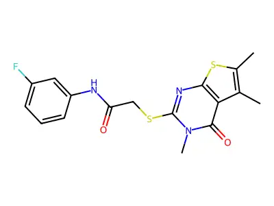N-(3-fluorophenyl)-2-(3,5,6-trimethyl-4-oxo(3-hydrothiopheno[2,3-d]pyrimidin-2-ylthio))acetamide structure