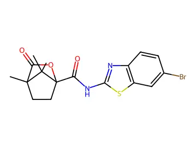 N-(6-bromo-1,3-benzothiazol-2-yl)-4,7,7-trimethyl-3-oxo-2-oxabicyclo[2.2.1]heptane-1-carboxamide structure