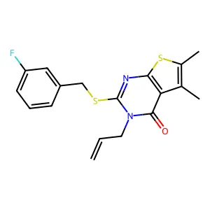 2-[(3-fluorobenzyl)sulfanyl]-5,6-dimethyl-3-(prop-2-en-1-yl)thieno[2,3-d]pyrimidin-4(3H)-one structure