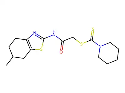 2-[(6-methyl-4,5,6,7-tetrahydro-1,3-benzothiazol-2-yl)amino]-2-oxoethyl piperidine-1-carbodithioate structure