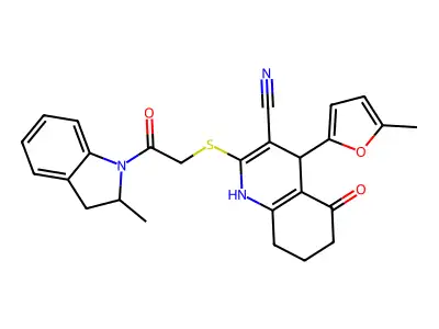 4-(5-methylfuran-2-yl)-2-((2-(2-methylindolin-1-yl)-2-oxoethyl)thio)-5-oxo-1,4,5,6,7,8-hexahydroquinoline-3-carbonitrile structure