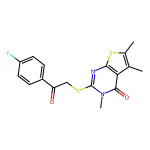 2-{[2-(4-fluorophenyl)-2-oxoethyl]sulfanyl}-3,5,6-trimethylthieno[2,3-d]pyrimidin-4(3H)-one structure