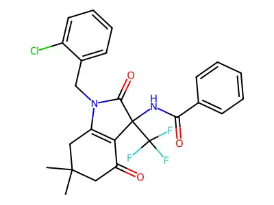 N-[1-[(2-chlorophenyl)methyl]-6,6-dimethyl-2,4-dioxo-3-(trifluoromethyl)-5,7-dihydroindol-3-yl]benzamide structure