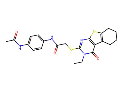 N-[4-(acetylamino)phenyl]-2-[(3-ethyl-4-oxo-3,4,5,6,7,8-hexahydro[1]benzothieno[2,3-d]pyrimidin-2-yl)sulfanyl]acetamide structure