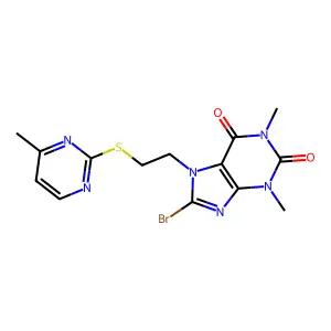 8-bromo-1,3-dimethyl-7-(2-((4-methylpyrimidin-2-yl)thio)ethyl)-1H-purine-2,6(3H,7H)-dione structure