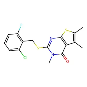 2-[(2-chloro-6-fluorobenzyl)sulfanyl]-3,5,6-trimethylthieno[2,3-d]pyrimidin-4(3H)-one structure