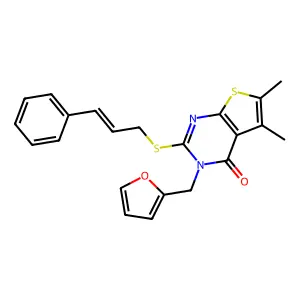 3-(furan-2-ylmethyl)-5,6-dimethyl-2-[(E)-3-phenylprop-2-enyl]sulfanylthieno[2,3-d]pyrimidin-4-one structure