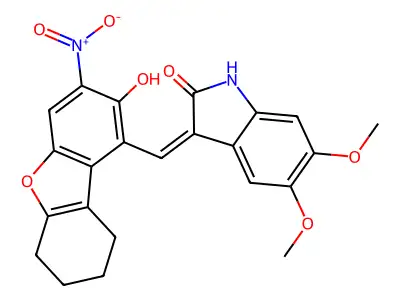 2H-INDOL-2-ONE, 1,3-DIHYDRO-5,6-DIMETHOXY-3-[(6,7,8,9-TETRAHYDRO-2-HYDROXY-3-NITRO-1-DIBENZOFURANYL)METHYLENE]- structure