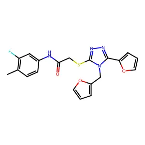 N-(3-fluoro-4-methylphenyl)-2-{[5-(furan-2-yl)-4-(furan-2-ylmethyl)-4H-1,2,4-triazol-3-yl]sulfanyl}acetamide structure