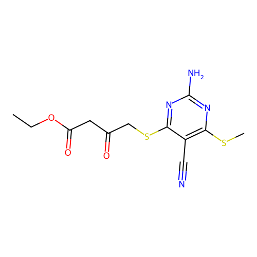 ethyl 4-{[2-amino-5-cyano-6-(methylsulfanyl)pyrimidin-4-yl]sulfanyl}-3-oxobutanoate structure